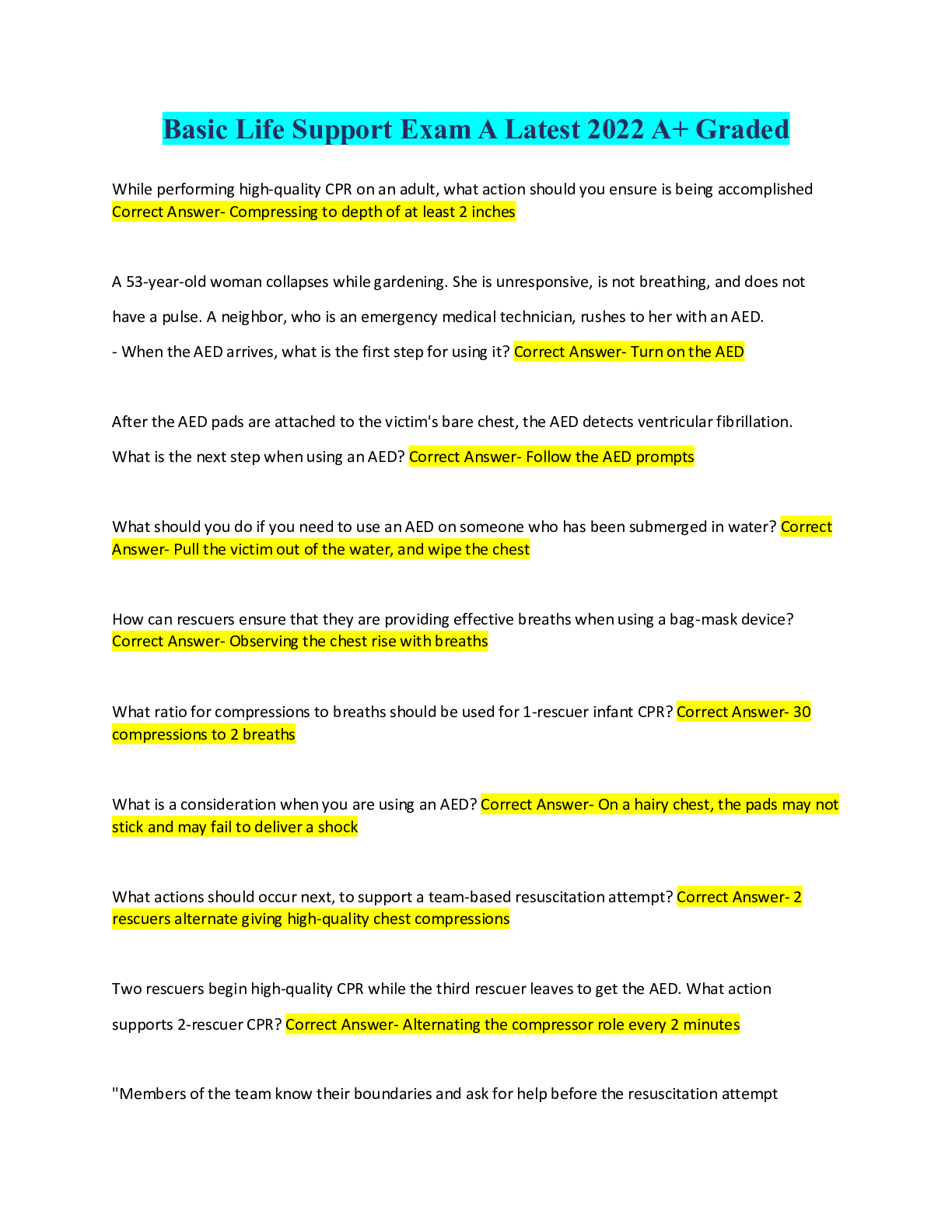 Preview image for Basic Life Support Exam A Latest 2022 A+ Graded